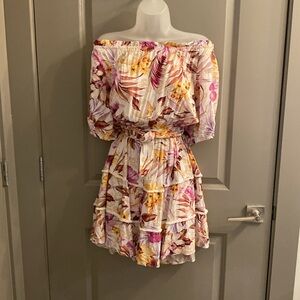 City Chic Mini Ruffle Hot Pink and Gold Floral Ruffle Dress